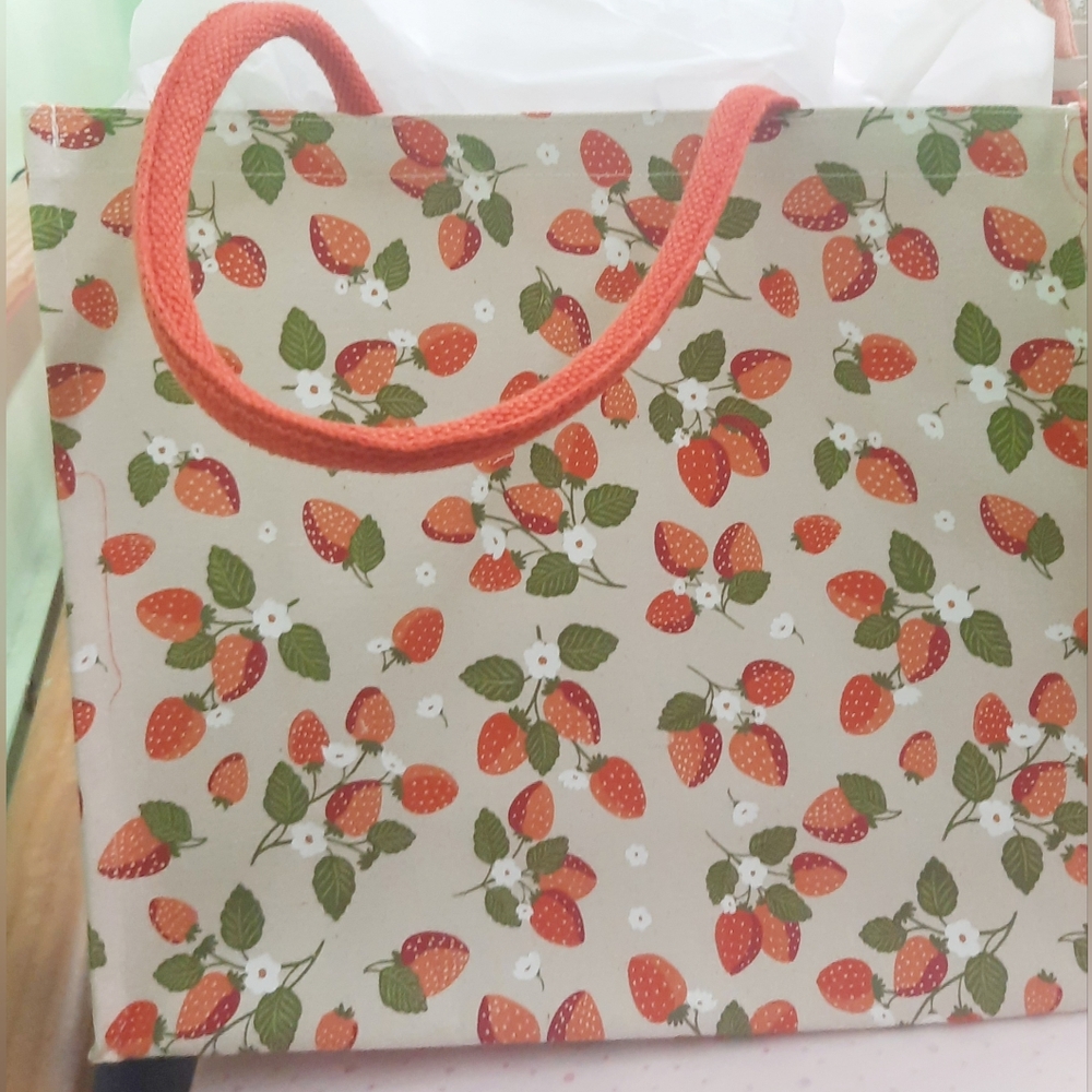 New Red & Cream Strawberry Print Canvas Tote Bag- Shopper Tote - Summer Bag